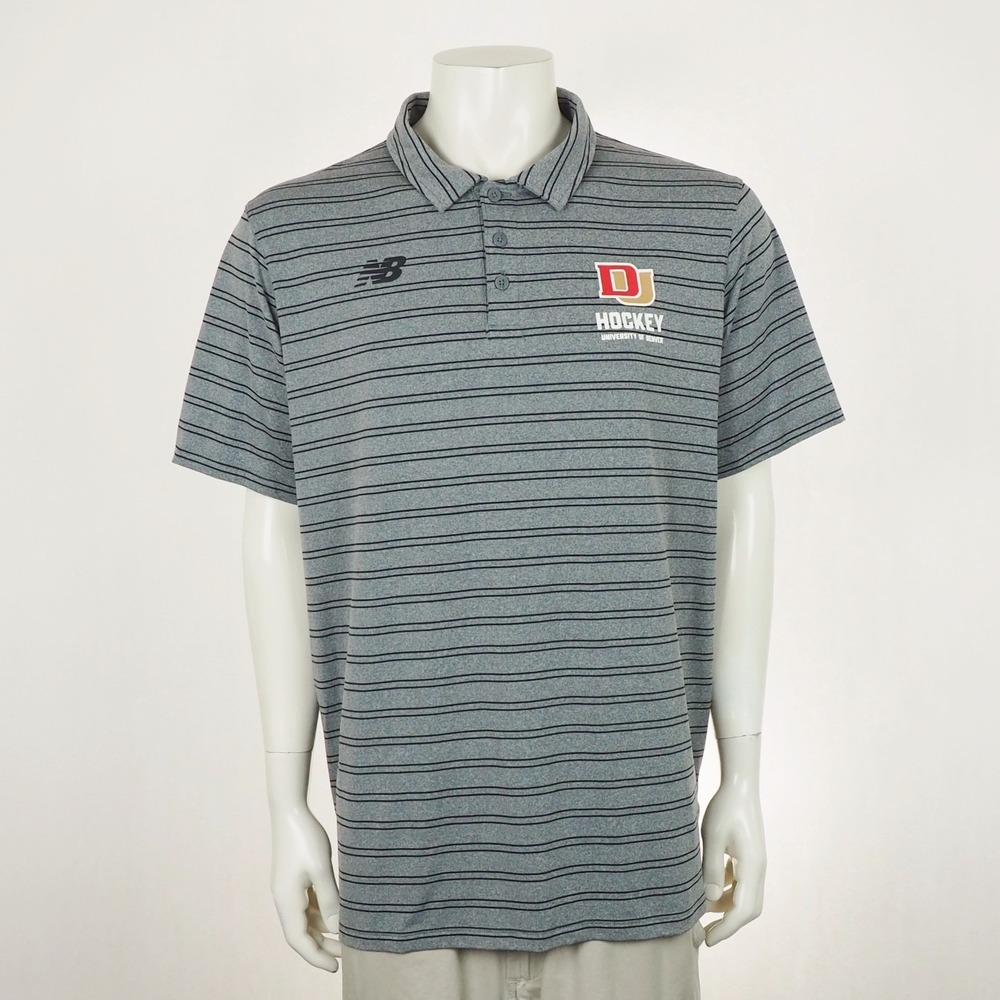 New Balance Denver Pioneers Ice Hockey Team Polo Shirt Mens Sz XL Gray Striped
